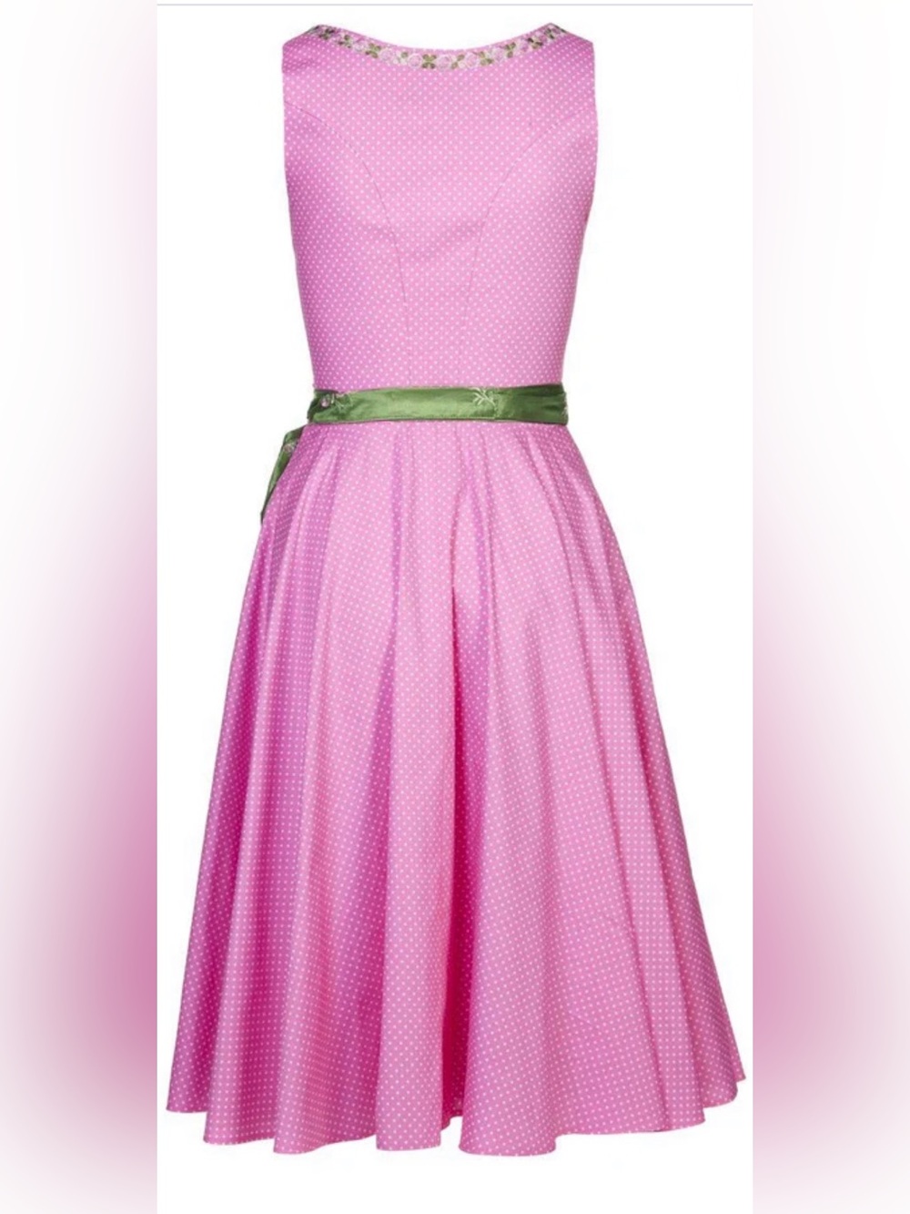 NWT pink polka dot midi dirndl with embroidered green taffeta apron. - Picture 2 of 10